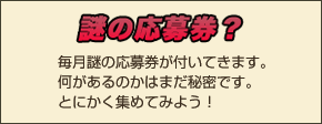 謎の応募券？毎月謎の応募券が付いてきます。何があるのかはまだ秘密です。とにかく集めてみよう！